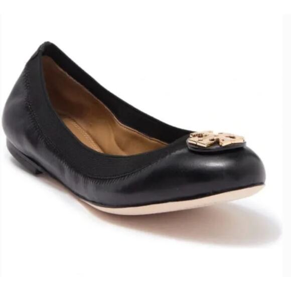 Tory Burch Claire Elastic Ballet Flats Shoes Perfect Black Gold Size 5.5 Comfort - Picture 2 of 10